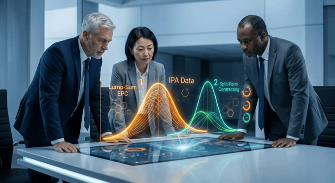 Three business professionals analyse colourful digital graphs labeled Lump-Sum EPC and Split-Form Contracting on a table.